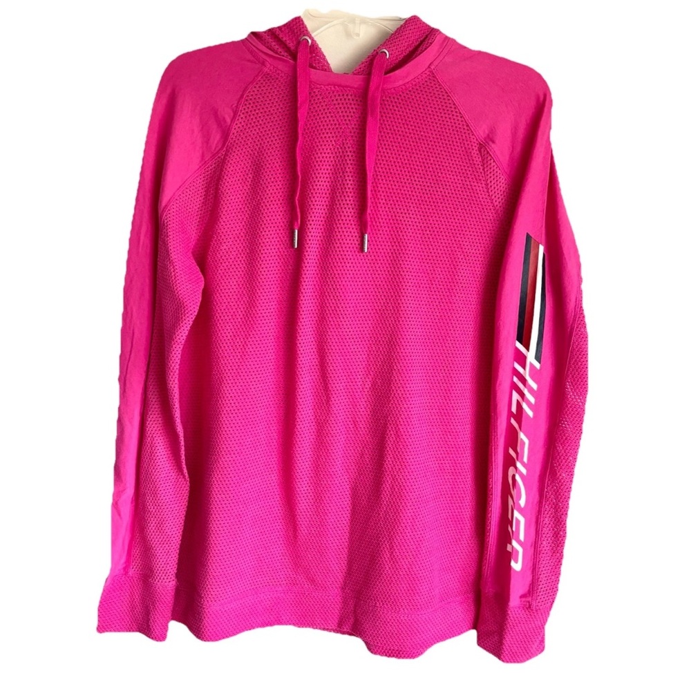 Tommy Hilfiger Sport Mesh Long Sleeve Pullover Hoodie Drawstring Pink Sz Medium